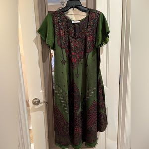Lapogee Green Red Gold Print Dress Sz Large